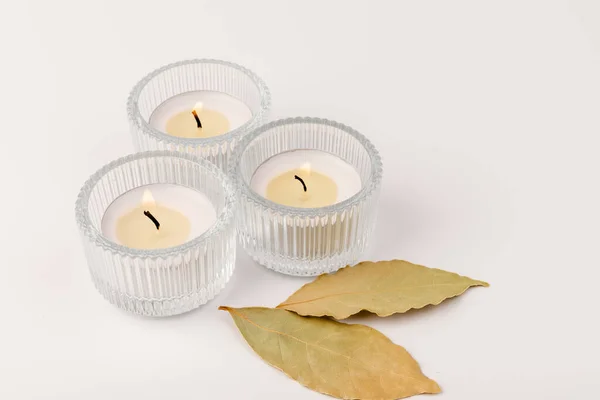 Scented Candles Dry Leaf White Background Space Text — Fotografia de Stock