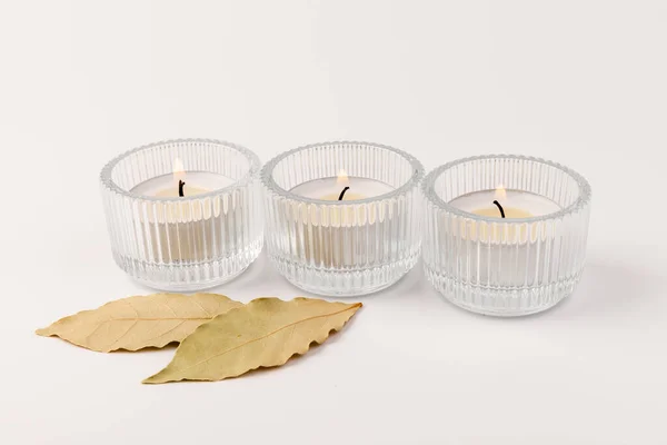 Scented Candles Dry Leaf White Background Space Text — Fotografia de Stock