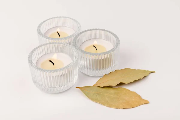 Scented Candles Dry Leaf White Background Space Text — 图库照片