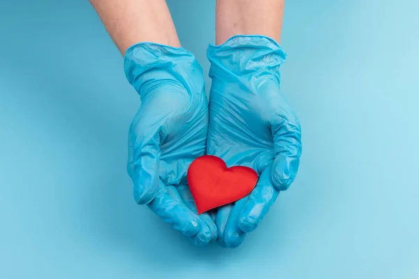 Female Medicine Doctor Hands Holding Covering Red Toy Heart Closeup — Stock Photo, Image