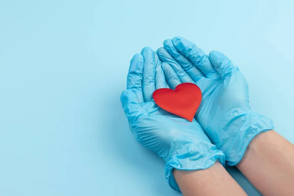 Female Medicine Doctor Hands Holding Covering Red Toy Heart Closeup — Stock Photo, Image