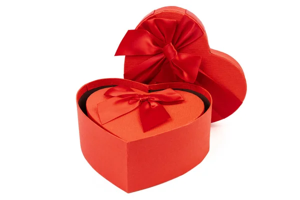 Red Heart Shaped Gift Box Red Ribbon White Background Happy — Stock Photo, Image