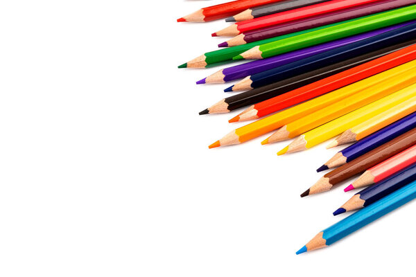 Multi colored pencils in high definition on white background. 