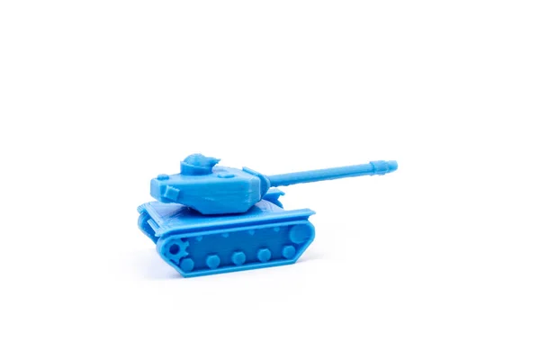 Blauw Plastic Tank Speelgoed Zijaanzicht Geïsoleerd Witte Achtergrond Klein Plastic Rechtenvrije Stockfoto's