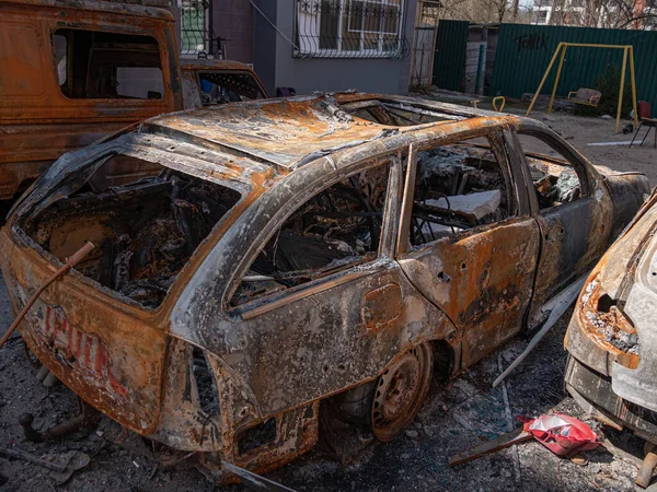 Irpin Ukraine April 2022 Burned Cars Result Bombing Irpin Russian — Stock Photo, Image