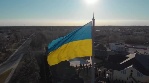 Flag of Ukraine on flagpole is flapping in wind, Aerial view — Video