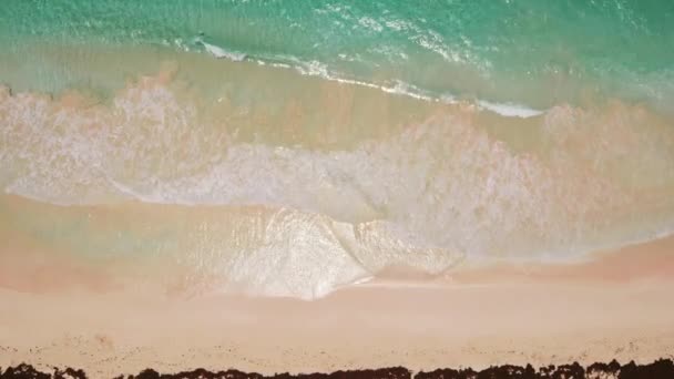 Aerial top view of sea blue waves break on a beach — 图库视频影像