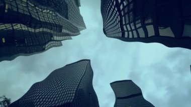 Şehrin gökdelenlerinin alt manzarası. Su dalgası yansıma efekti