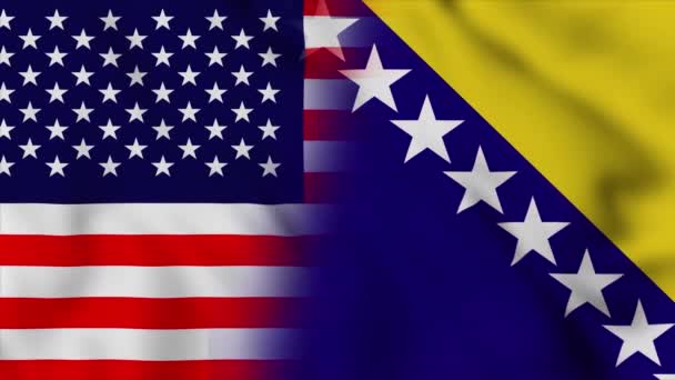 美利坚合众国和波斯尼亚和黑塞哥维那的国旗 美国和波斯尼亚和黑塞哥维那混合国旗运动循环动画国旗爆炸关闭 横幅运动圈Hd — 图库视频影像