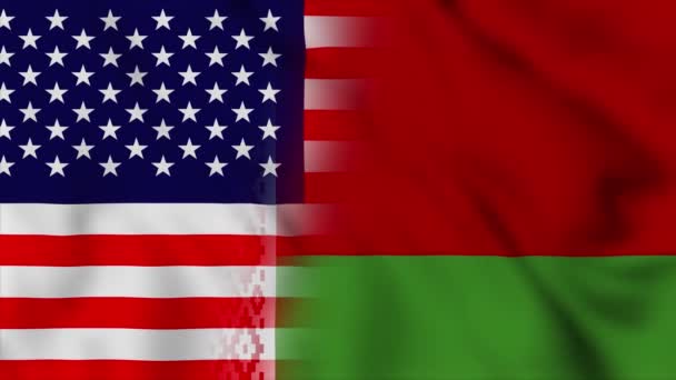 美利坚合众国和白俄罗斯的国旗 美国和白俄罗斯混合国旗运动循环动画国旗爆炸关闭 横幅运动圈Hd — 图库视频影像
