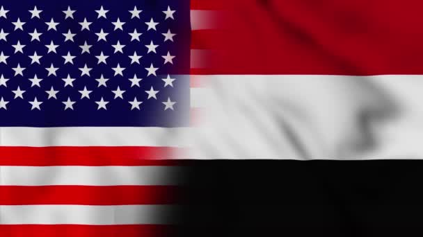 米国とイエメンの国旗 米国とイエメンの混合国の国旗の動きループアニメーションの旗が閉じて吹いています フラグ Motion Loop — ストック動画
