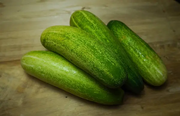 Cucumbers Wooden Board Close Food Fruits — Stock Photo, Image