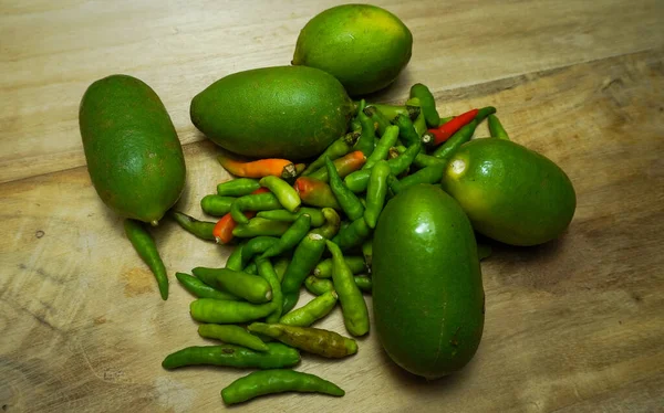 Mix Green Red Chili Lemon Wooden Board Close Food Fruits — Stock Photo, Image