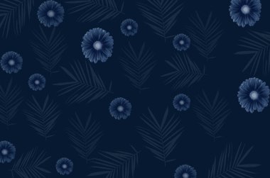 Palmiye yaprakları ve monokrom çiçekleri, koyu mavi. 