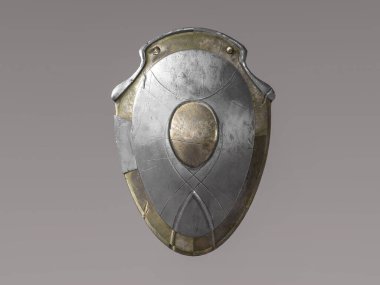Front View of Silver and Gold Fantasy Shield 3D Render on Gray Background