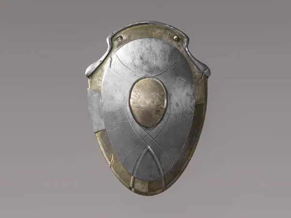 Front View Silver Gold Fantasy Shield Render Gray Background — Zdjęcie stockowe