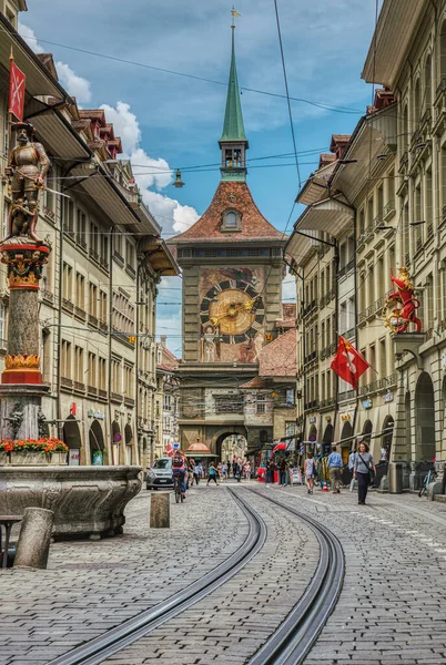 Bern Switzerland 2019 Zytglogge Vid Spårvagnsspåren Stadssymbol Eller Landmärke Urban Stockbild