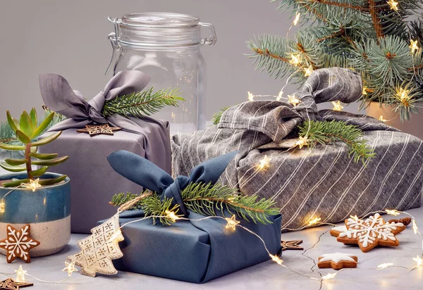 Zero Waste Christmas Gifts Wrapped Traditional Japanese Furoshiki Style — Stock Photo, Image