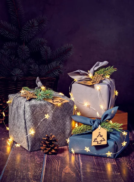 Three Eco Friendly Furoshiki Style Gift Wrapped Boxes Dark Background — Stock Photo, Image