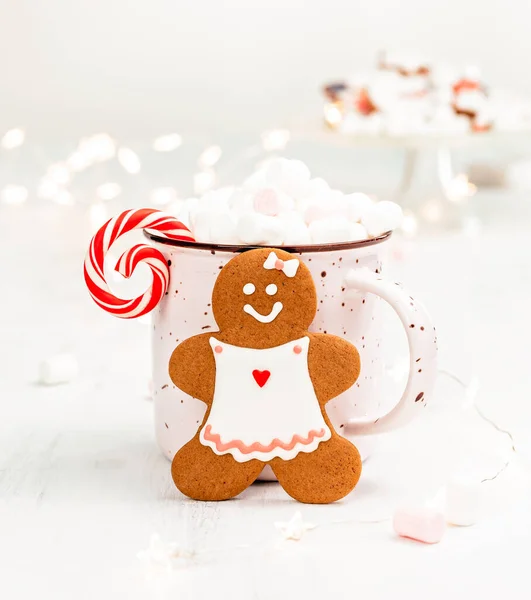 Cheerful Gingerbread Woman Christmas Cookie Front Mug Hot Chocolate Bright — Stock Photo, Image