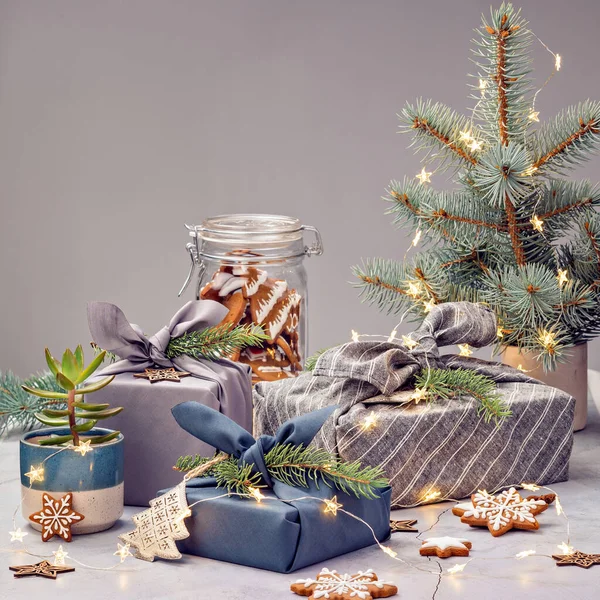 Eco Friendly Holiday Concept Furoshiki Wrapped Cloth Gifts Zero Waste — Stock Photo, Image