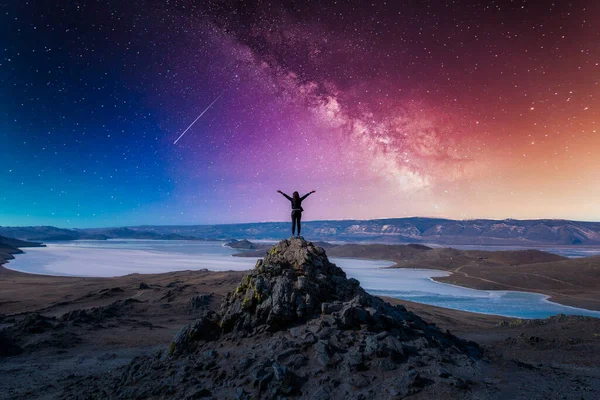 Traveler Woman Raising Arm Standing Mountain Milky Way Lake Baikal Stockafbeelding