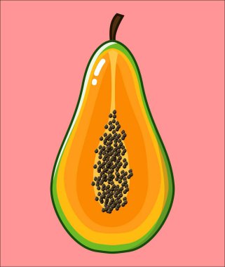 Papaya meyve çizimi, tasarım, tropikal meyve, taze ve sulu yiyecek. Pembe arkaplanda izole
