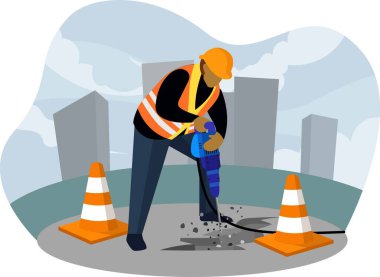 vektör illüstrasyonunda çekiç matkabıyla çalışan işçiler