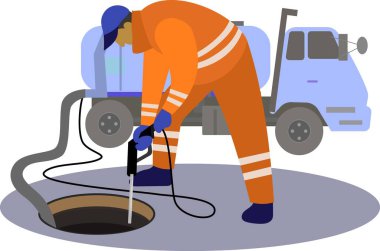 Kanalizasyon sistemi tuvaleti, foseptik tankı servisi ve kanalizasyon temizleyici vektör çizimi. Bir adam foseptik tankının düz vektörünü temizler