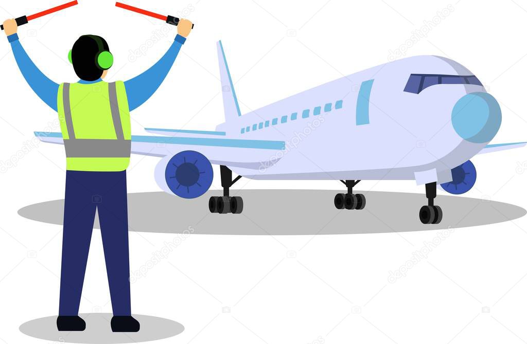 aircraft parking crew, flight coordinator guiding airplane, ground crew airport vector graphic illustration,  airport background for web