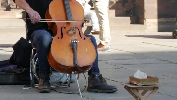 Een straatmuzikant die cello speelt voor zijn neus is een doos met donatiegeld. — Stockvideo