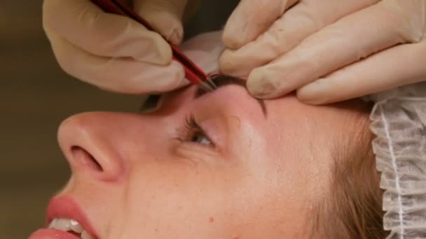 Correction of a beautiful aesthetic shape of eyebrows with hot wax and special tweezers. Removing unnecessary hair from the face. — Stock Video