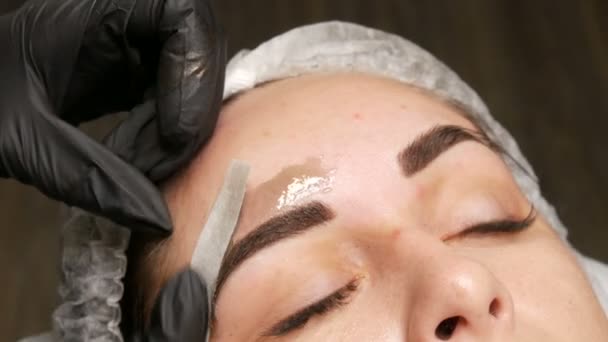 Eliminación de pelos innecesarios y excesivos en la cara. Corrección de cejas con cera tibia en el esteticista — Vídeos de Stock