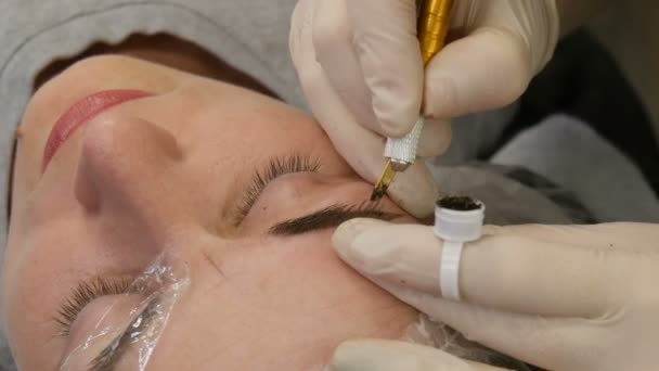 Manuell teknik för Microblading, master tillämpar en speciell mörk pigment med speciell penna för att färga ögonbryn, permanent makeup, tatuering i skönhetssalong — Stockvideo