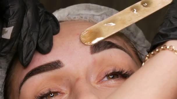 Eliminación de pelos innecesarios y excesivos en la cara. Corrección de cejas con cera tibia en el esteticista — Vídeos de Stock