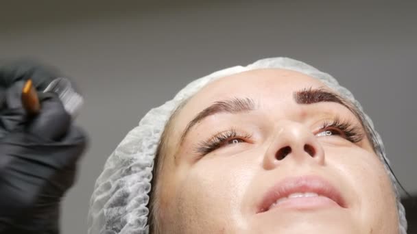 El cosmetólogo, con la ayuda de una pluma y una aguja especiales para microestocástico, mejora la forma de las cejas de una mujer joven. Micronutrificación de cejas, maquillaje permanente, tatuaje — Vídeos de Stock