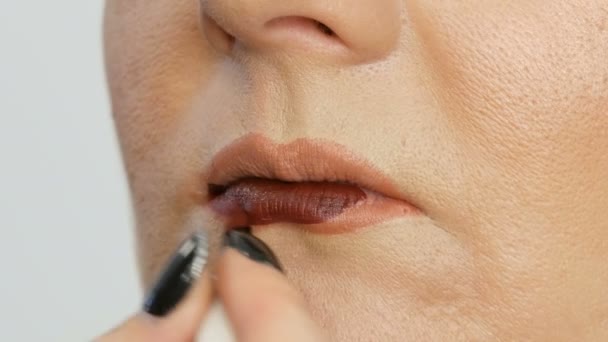 专业大师化妆师应用深红色口红模型薄嘴唇与特殊的刷子和化妆烟熏眼睛在美容院 — 图库视频影像