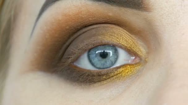 Professionelle gelb braun beige Abend Make-up rauchige Augen. Augen Make-up, Gesicht Nahaufnahme. Kosmetisches Konzept. — Stockvideo
