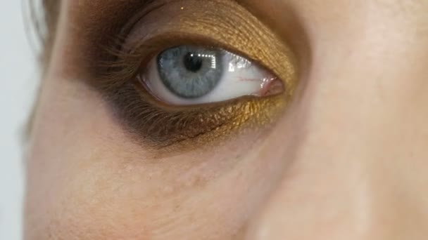 Visagistenmeister schminken ein Model mit blauen Augen in einem Schönheitssalon professionell mit goldenen Smoky Eyes — Stockvideo