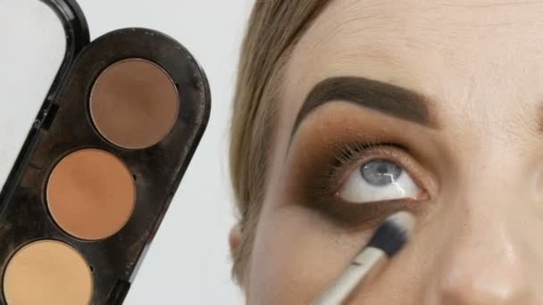 Profesional maestro de maquillaje artista aplica beige sombra de ojos paleta con cepillo especial en el ojo modelo en salón de belleza vista de cerca — Vídeos de Stock