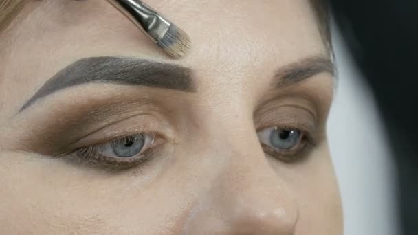 Maquillaje de noche profesional, un cepillo especial cambia la forma de las cejas. Maquillaje artista dibuja las cejas a una joven modelo — Vídeos de Stock