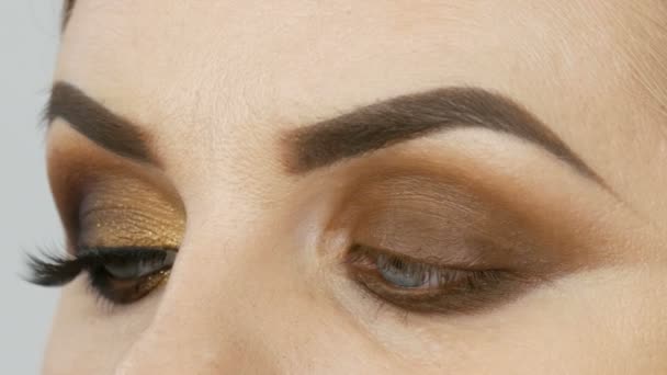 Master make-up kunstenaar toe te passen professionele make-up gouden rokerige ogen in een schoonheidssalon naar een model vrouw model met blauwe ogen close-up — Stockvideo