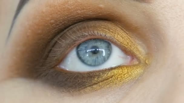 Profesjonalny żółty brązowy beżowy makijaż wieczorem zadymione oczy. Makijaż oczu, widok z bliska. Koncepcja kosmetyczna. — Wideo stockowe