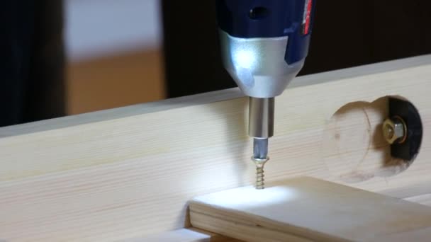The screw gun screwed screws or self-tapping screws into a wooden board. Carpenter job — Stock Video