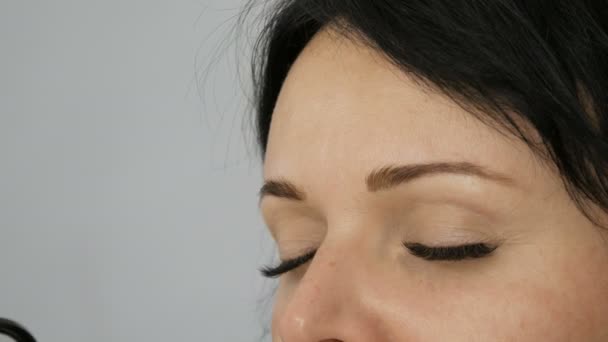 Maquillaje de ojos diario ligero de moda en tonos beige. El estilista con la ayuda de cepillos especiales hace que el maquillaje de ojos y la corrección de la forma de las cejas a un hermoso modelo de mujer joven de ojos azules — Vídeo de stock