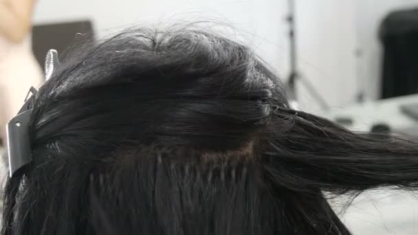 Kvinna frisör kamma långa svarta lockar med en kam. Frisör kamma hårstrå medan frisyr i skönhetssalong. Gör frisyr för långhåriga kvinna. Skönhetsbegreppet — Stockvideo