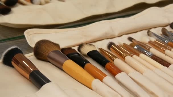 Σετ επαγγελματικών πινέλων μακιγιάζ. Makeup καλλιτέχνης χρησιμοποιεί μια ειδική σειρά από φυσικές βούρτσες στο τραπέζι στο καμαρίνι. Βιομηχανία μόδας. Επίδειξη μόδας — Αρχείο Βίντεο