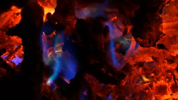 Parte de um interessante arco-íris invulgarmente multi-colorido fogo na queima de madeira no escuro — Vídeo de Stock