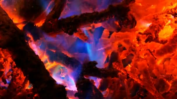 İlginç bir gökkuşağı alevinin parçası. Karanlıkta yanan odun üzerinde çok renkli bir ateş. — Stok video