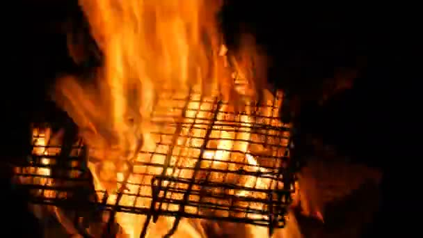 Grătarul este prăjit de flacăra focului de tabără în natură. Focul dezinfectează grătarul de fier — Videoclip de stoc